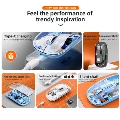T-WOLF X11 Transparent Wireless Mouse Dual Mode 2.4G+Bluetooth, USB-C Rechargeable with Magnetic Cover