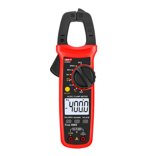 True RMS Auto-Ranging Digital Clamp Meter 400A AC/DC With NCV, Backlit LCD, Live Wire Detection & Data Hold, UNI-T UT203+