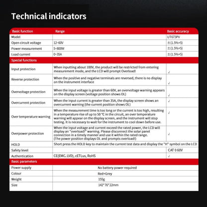 UNI-T UT673PV Solar MPPT Meter Solar Panel Maximum Power Tester Maintenance Diagnostic Tool