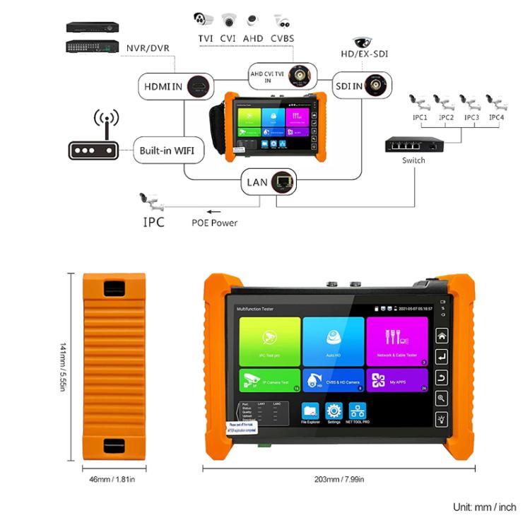 IPC-7200 7 Inch Network Coaxial AHD/CVI/TVI/SDI Video Surveillance Tester, US Plug, EU Plug, UK Plug, AU Plug