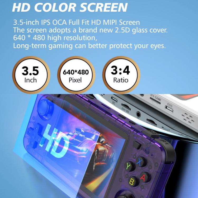 R36H 3.5 inch IPS Screen Open Source Handheld Game Console Portable Retro Pocket Console, 64G Transparent Purple, 64G Transparent Black, 64G White, 128G Transparent Purple, 128G Transparent Black, 128G White