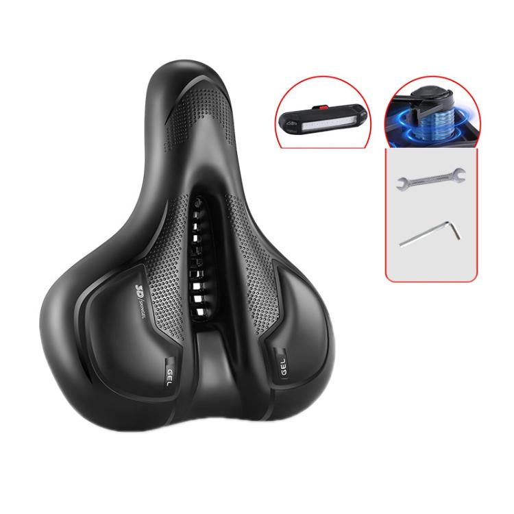 Thickened Universal Bicycle Saddle With Silicone Shock Absorber, Black, Black+USB Rechargeable Taillight
