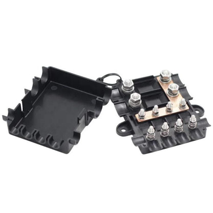 6-Way Automotive Fuse Block Box, 2-500A 32V DC, with 2 Input and 4 Output Terminals, Black, With 6 Fuses