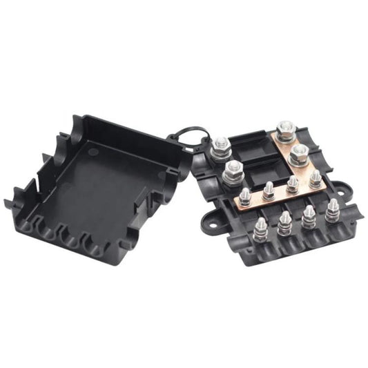 6-Way Automotive Fuse Block Box, 2-500A 32V DC, with 2 Input and 4 Output Terminals, Black, With 6 Fuses