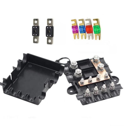 6-Way Automotive Fuse Block Box, 2-500A 32V DC, with 2 Input and 4 Output Terminals, Black, With 6 Fuses