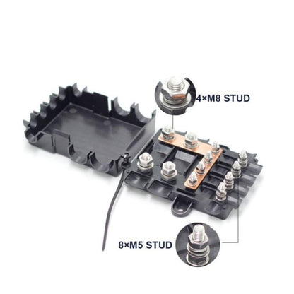 6-Way Automotive Fuse Block Box, 2-500A 32V DC, with 2 Input and 4 Output Terminals, Black, With 6 Fuses