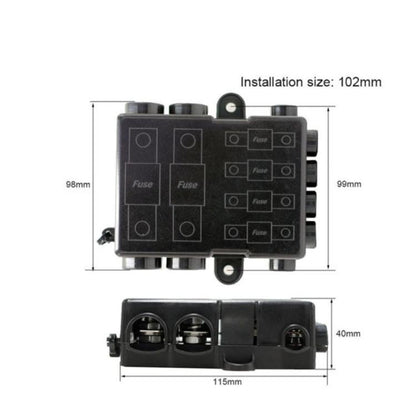 6-Way Automotive Fuse Block Box, 2-500A 32V DC, with 2 Input and 4 Output Terminals, Black, With 6 Fuses