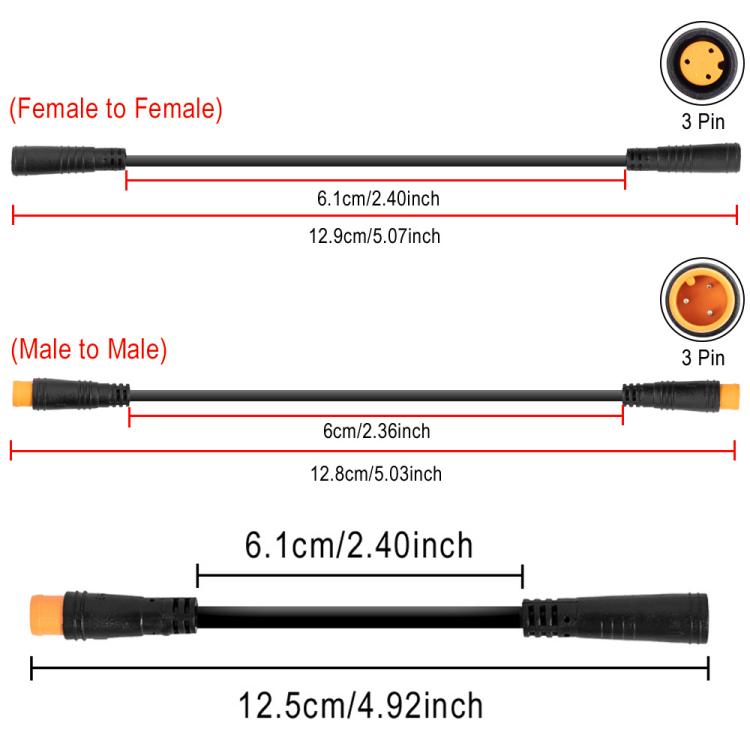 For Electric Bicycle Thumb Throttle 3 Pin Extension Cable Waterproof Wire Plugs, Female, Male, Male To Female