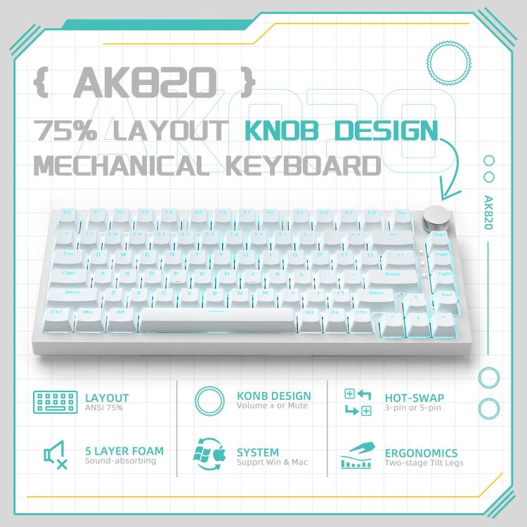 Ajazz AK820 Hot Swappable Wired Mechanical Keyboard With Light, Green Switch Ice Blue Light White, Red Switch White Light Black, AS Red Switch White Light Gray White, HP Switch White Light White Gray, Sea Salt Switch RGB Purple White Blue...
