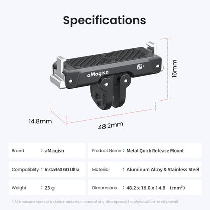 For Insta360 Go Ultra Camera AMagisn Metal Quick Release Magnetic Adapter With 1/4-Inch Threaded Hol