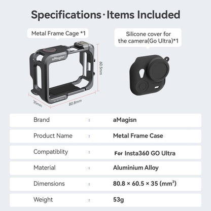 AMagisn Metal Cage For Insta360 GO Ultra Quick Release Protective Frame With Silicone Cover