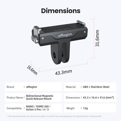 aMagisn TN10 Bidirectional Magnetic Quick Release Mount For DJI Nano / Osmo 360 / Action 5 Pro / 4 / 3, TN10 ABS