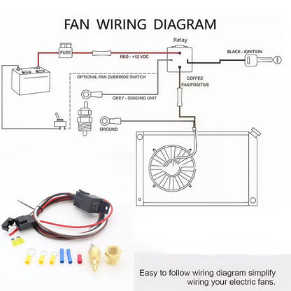 Electric Cooling Fan Wiring Harness Kit 40A Automotive Relay 185 Fahrenheit ON / 175 Fahrenheit OFF