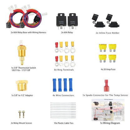 60A Dual Electric Radiator Fan Relay Kit With 185-Degree ON/175-Degree OFF Thermostat