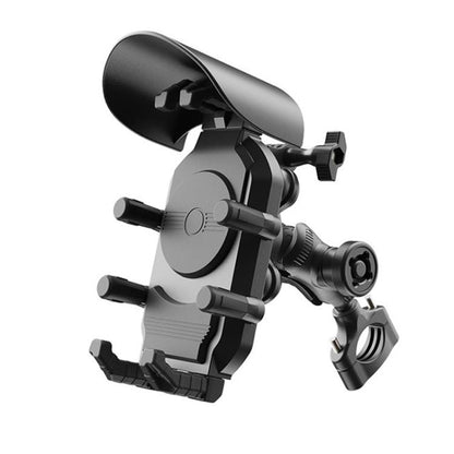 Motorcycle Phone Holder with Sun Visor & Anti-Theft Lock 360-degree Rotation, Camera Compatible, Handlebar Mount, Mirror Stem Mount