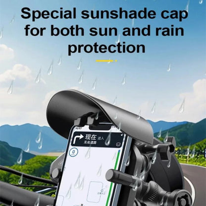 Motorcycle Phone Holder with Sun Visor & Anti-Theft Lock 360-degree Rotation, Camera Compatible, Handlebar Mount, Mirror Stem Mount