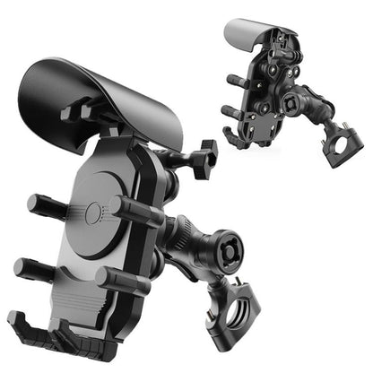 Motorcycle Phone Holder with Sun Visor & Anti-Theft Lock 360-degree Rotation, Camera Compatible, Handlebar Mount, Mirror Stem Mount