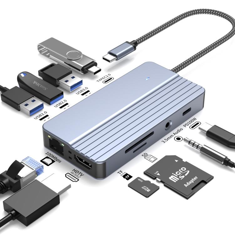10-In-1 USB-C/Type-C Hub With 100W Power Delivery, HDMI 4K 30Hz, USB 3.0/2.0 Ports, SD/TF Card Reader, 100Mbps Ethernet & Audio Jack, 10 In 1
