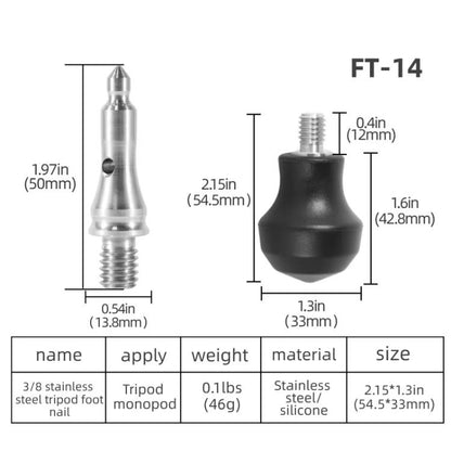 3/8 inch Tripod Monopod Dual Purpose Foot Pad Spike Rubber Anti-slip Stainless Steel Spike, FT-14