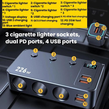 226W 3 In 1 Car Cigarette Lighter Digital Display PD Fast-Charging Car Charger, C33