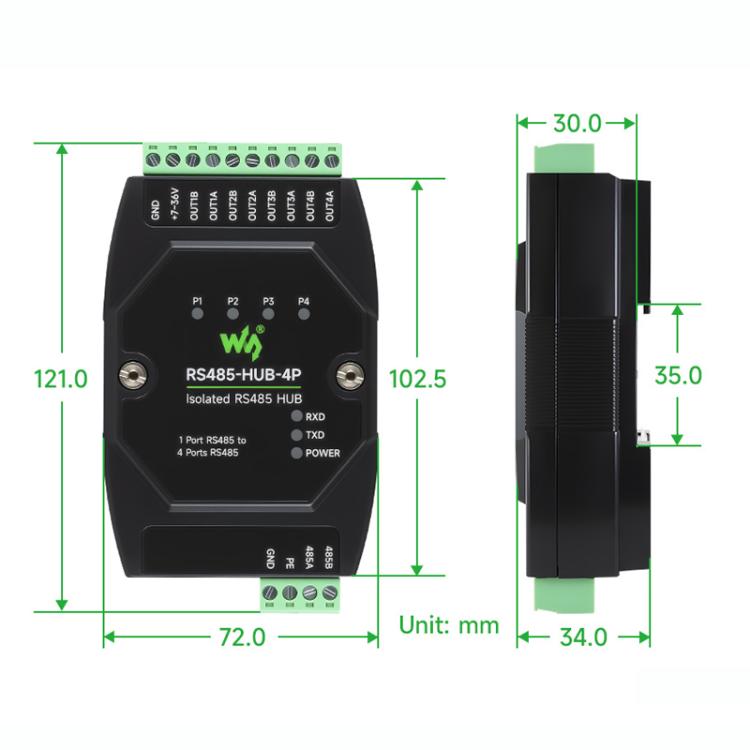 Industrial Isolated 4CH Hub Rail Wide Baud Rate Repeater, 32247