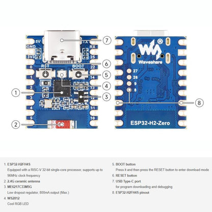 Mini Development Board Support Bluetooth / Zigbee / Thread Wireless Communication, WAVESHARE ESP32-H2-Zero, WAVESHARE ESP32-H2-Zero-M With Pin