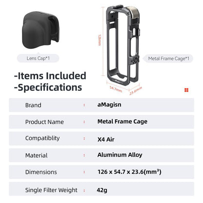 For Insta360 X4 Air aMagisn Quick-Release Metal Cage Wind Noise Reduction Expandable Frame with Lens Cap, Metal Cage