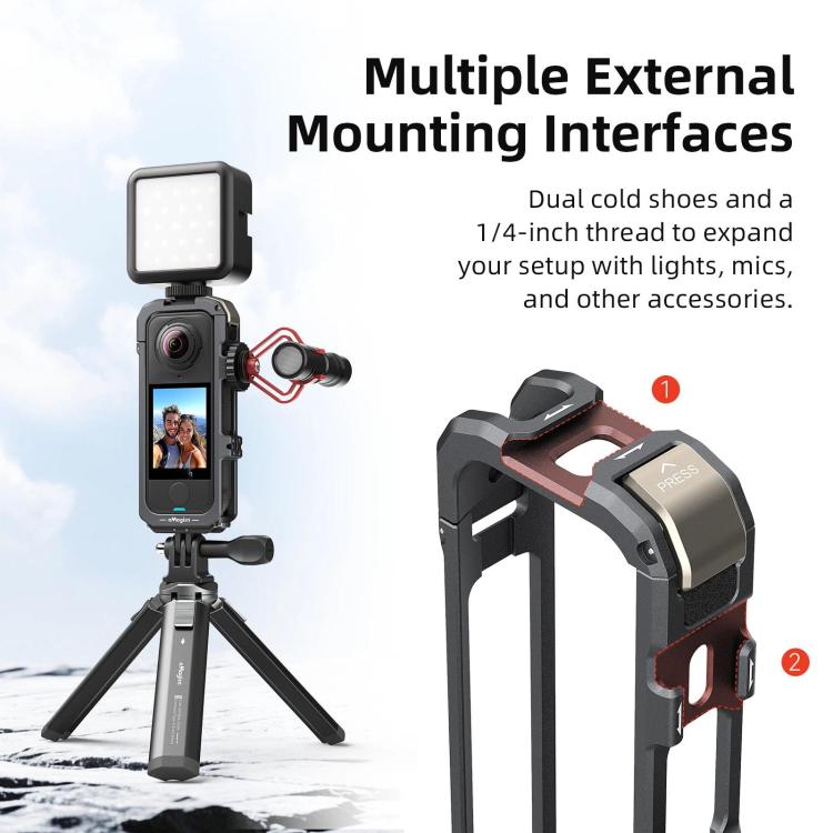 For Insta360 X4 Air aMagisn Quick-Release Metal Cage Wind Noise Reduction Expandable Frame with Lens Cap, Metal Cage