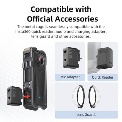 For Insta360 X4 Air aMagisn Quick-Release Metal Cage Wind Noise Reduction Expandable Frame with Lens Cap, Metal Cage