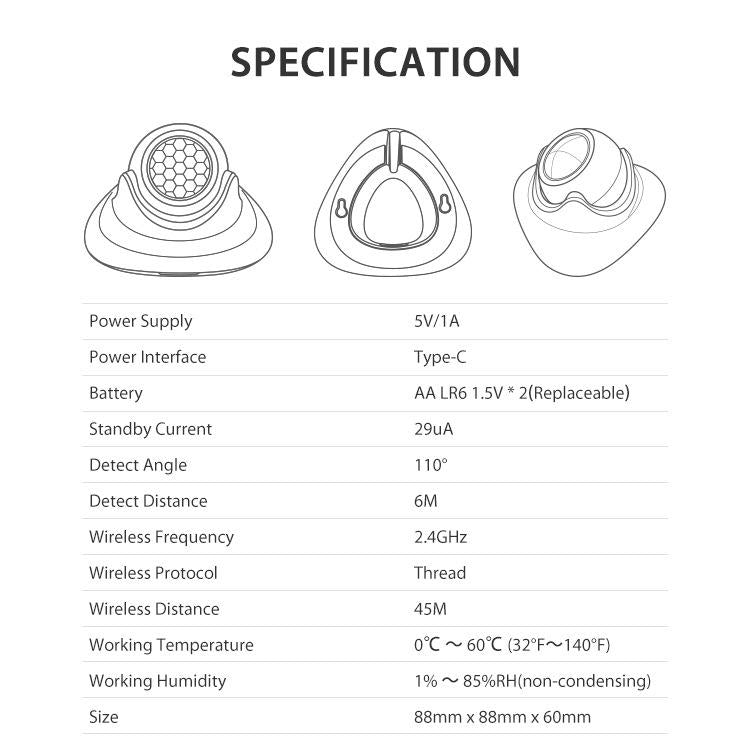 Matter Thread USB-C Power PIR Motion Sensor Smart Home System Compatible With Tuya App Remote Control, PIR Motion Sensor
