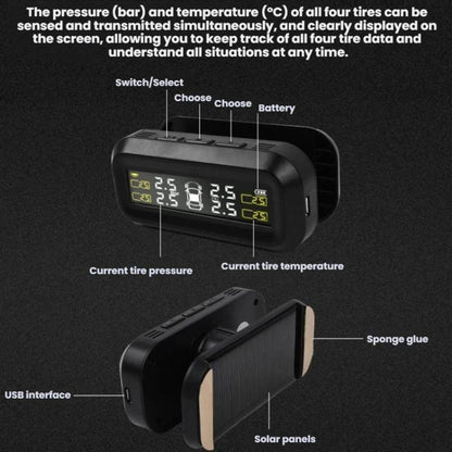 Solar-Powered Wireless Car Tire Pressure Monitor, External, Internal