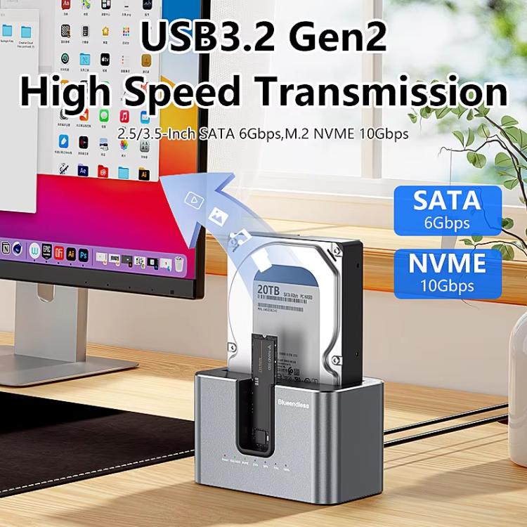 Blueendless HD01N Dual-Bay 2.5/3.5 Inch SATA Hard Drive Enclosure M.2 NVMe SSD Reader Offline Cloning Device, US Plug, EU Plug, UK Plug