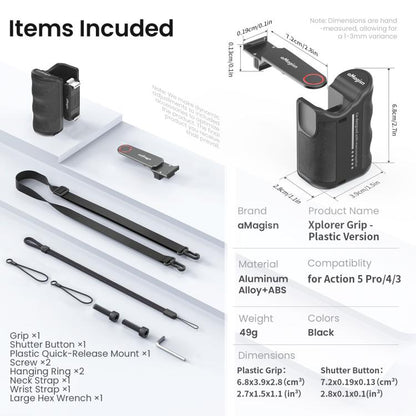 aMagisn Street Photography Handle Grip for DJI Action 5 Pro/Action 4/Action 3, Compatible with Original Camera Cage, Plastic Version, Metal Black, Metal Gray