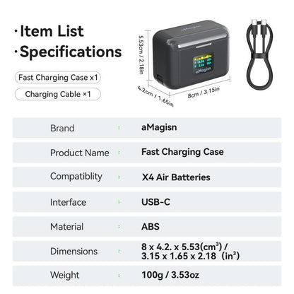 For Insta360 X4 Air Battery aMagisn 36W Fast Charging Case with Color Display & Built-in USB-C Cable, PM13