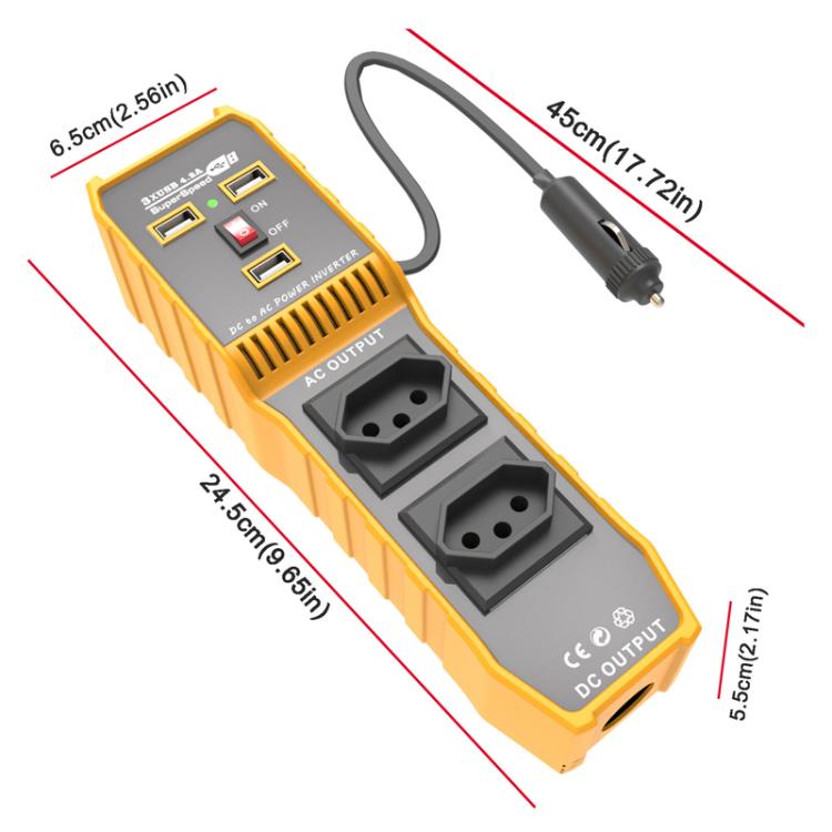 3-USB Dual-Socket Car Power Inverter Vehicle Power Converter, EU Plug 12V To 220V, US Plug 12V To 110V, Brazil Plug 12V To 110V, Brazil Plug 12V To 220V