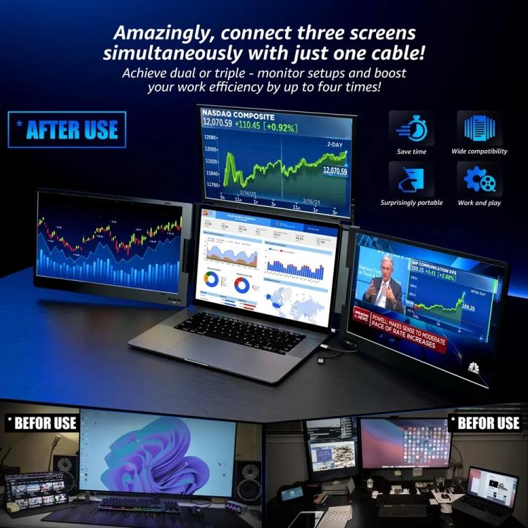 Triple-Screen One-Cable Connection 1080P Laptop Extension Display Portable Monitor, 14 inch, 15.6 inch