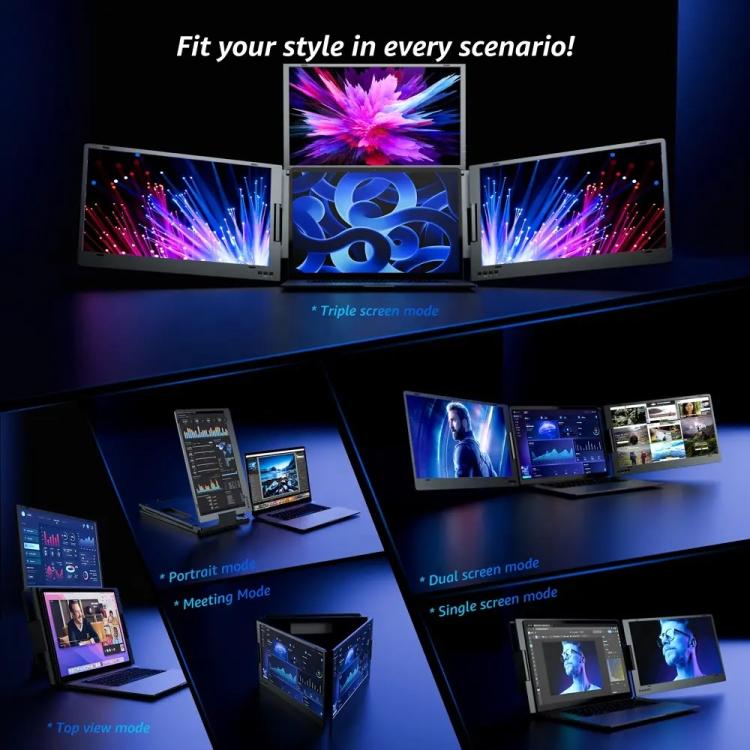 Triple-Screen One-Cable Connection 1080P Laptop Extension Display Portable Monitor, 14 inch, 15.6 inch