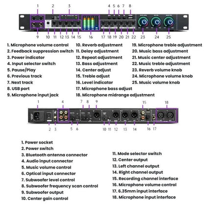 FX12L Preamp Effects Processor Bluetooth USB Home Stage Feedback Suppression Anti-Howling Processor, US Plug, EU Plug, UK Plug, AU Plug