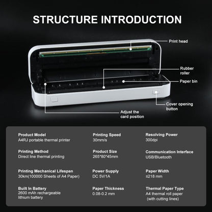 Wireless Rechargeable Thermal Printer Supports 2-inch to 8.5-inch Paper for PDF, Files, Images, and Tattoo Paper, HZTZ A4RJ 200dpi White, HZTZ A4RJ 200dpi Black, HZTZ A4RJ PRO 300dpi White, HZTZ A4RJ PRO 300dpi Black