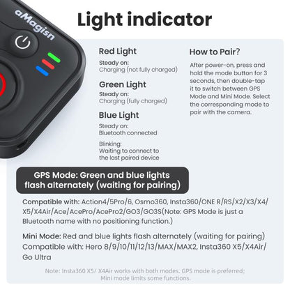 aMagisn Bluetooth Remote Controller 3.0 Universal Version For Insta360, GoPro Hero, Android/ios Smartphones, DJI OSMO 360, Action 6/5 Pro/4, AM40