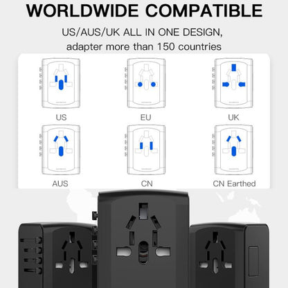 Travel Adapter 3 USB+Type-C Universal Socket Multi-Function Charger, US/EU/UK/AU Plug, 199T-3U