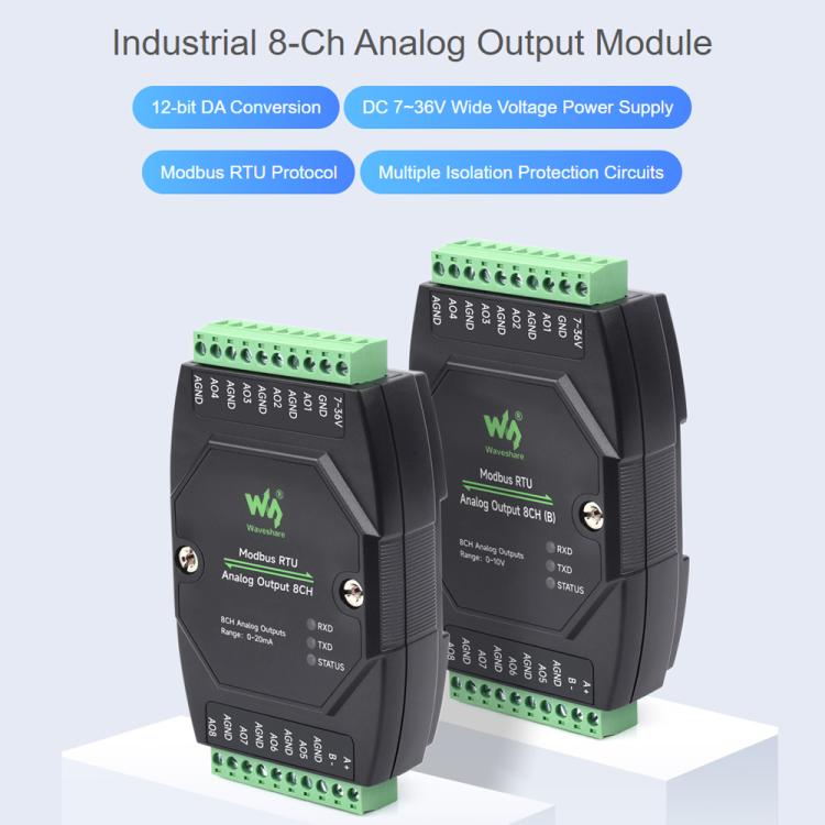 Waveshare Industrial 8-Ch Analog Output Module 12-Bit DA Conversion, Modbus RTU Analog Output 8CH (B), Modbus RTU Analog Output 8CH
