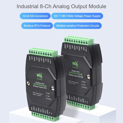 Waveshare Industrial 8-Ch Analog Output Module 12-Bit DA Conversion, Modbus RTU Analog Output 8CH (B), Modbus RTU Analog Output 8CH