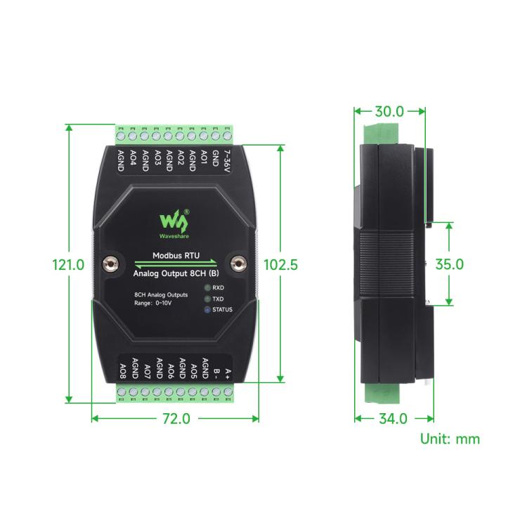 Waveshare Industrial 8-Ch Analog Output Module 12-Bit DA Conversion, Modbus RTU Analog Output 8CH (B), Modbus RTU Analog Output 8CH