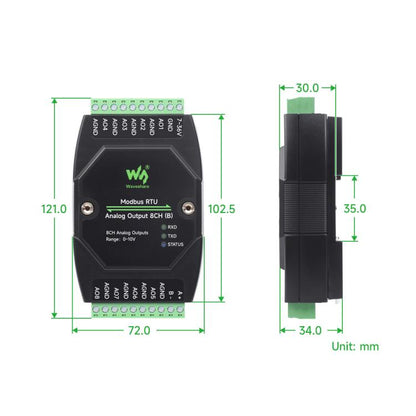 Waveshare Industrial 8-Ch Analog Output Module 12-Bit DA Conversion, Modbus RTU Analog Output 8CH (B), Modbus RTU Analog Output 8CH