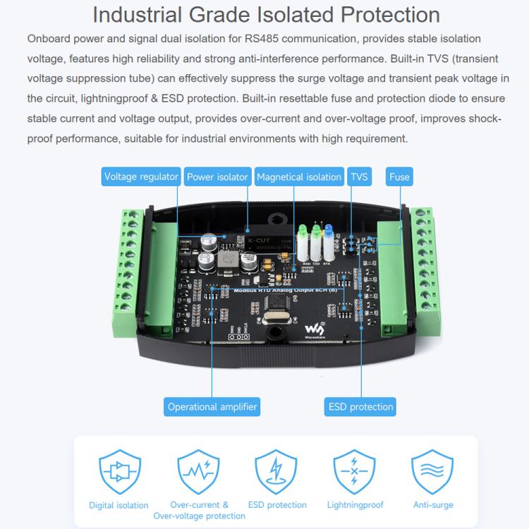 Waveshare Industrial 8-Ch Analog Output Module 12-Bit DA Conversion, Modbus RTU Analog Output 8CH (B), Modbus RTU Analog Output 8CH