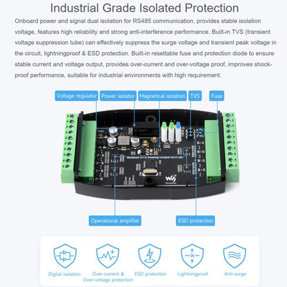 Waveshare Industrial 8-Ch Analog Output Module 12-Bit DA Conversion, Modbus RTU Analog Output 8CH (B), Modbus RTU Analog Output 8CH