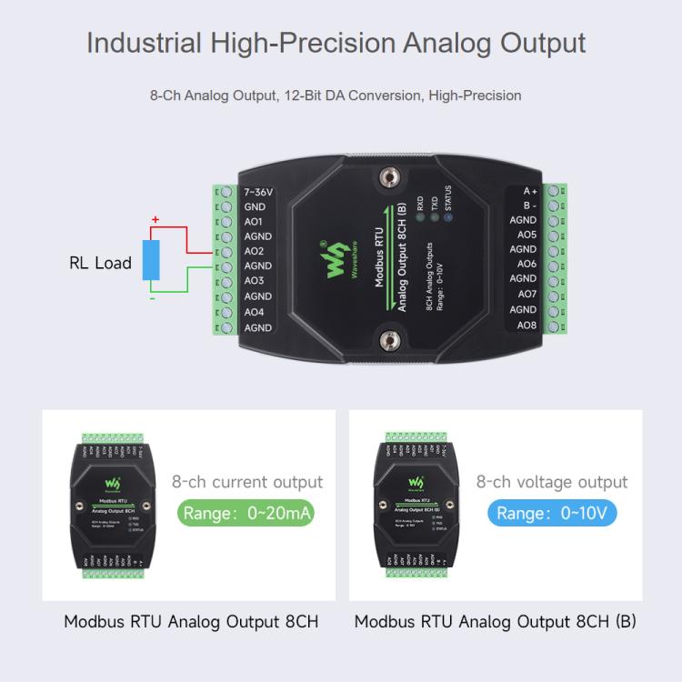 Waveshare Industrial 8-Ch Analog Output Module 12-Bit DA Conversion, Modbus RTU Analog Output 8CH (B), Modbus RTU Analog Output 8CH