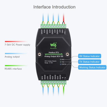 Waveshare Industrial 8-Ch Analog Output Module 12-Bit DA Conversion, Modbus RTU Analog Output 8CH (B), Modbus RTU Analog Output 8CH