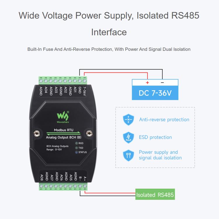 Waveshare Industrial 8-Ch Analog Output Module 12-Bit DA Conversion, Modbus RTU Analog Output 8CH (B), Modbus RTU Analog Output 8CH